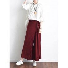 2019 autumn original design literary retro tie irregular wide leg casual burgundy pants