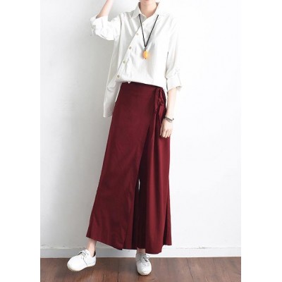 2019 autumn original design literary retro tie irregular wide leg casual burgundy pants