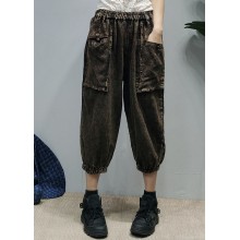 Loose Black elastic waist Pockets Linen Pants Spring