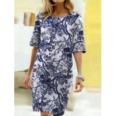 Plant Print Half Open Collar Half Sleeve Midi Dress